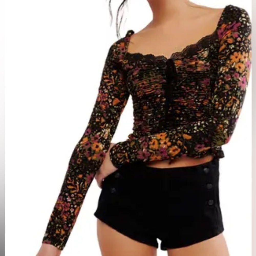 Free People Black Floral Long-Sleeve Smocked Top